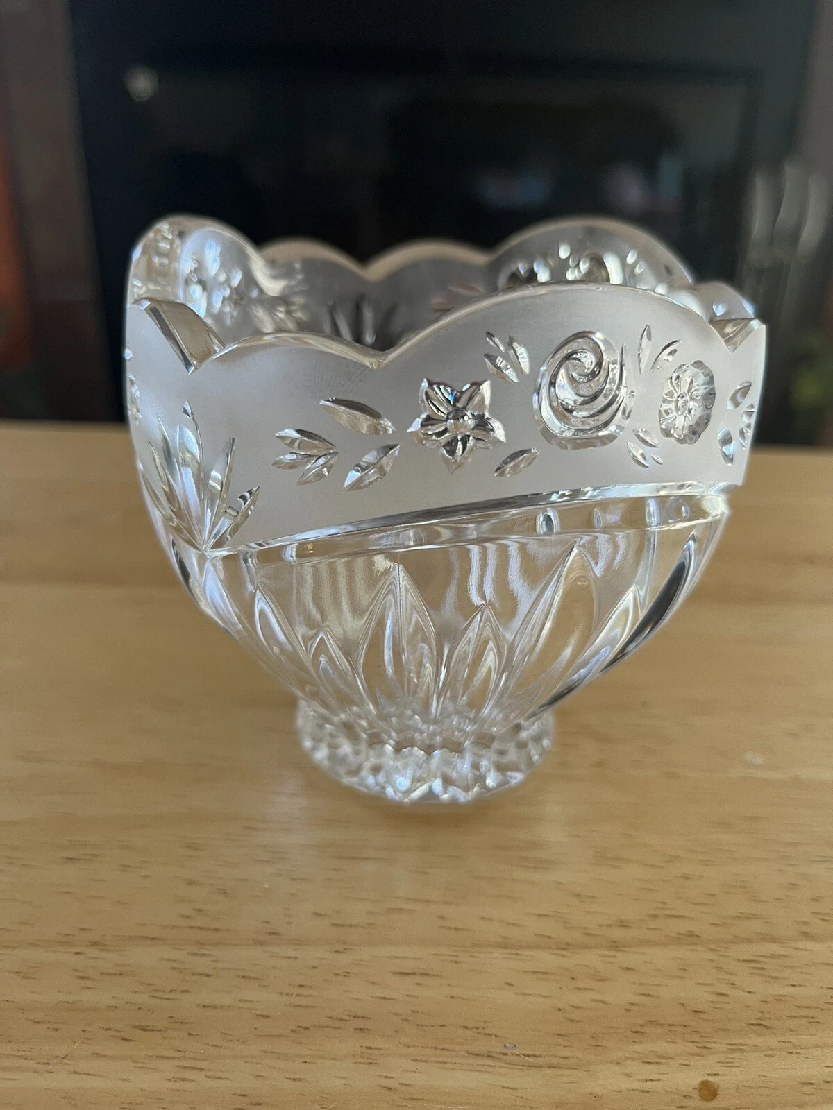 Clear Oneida lead crystal candy dish with a scalloped rim and frosted floral design