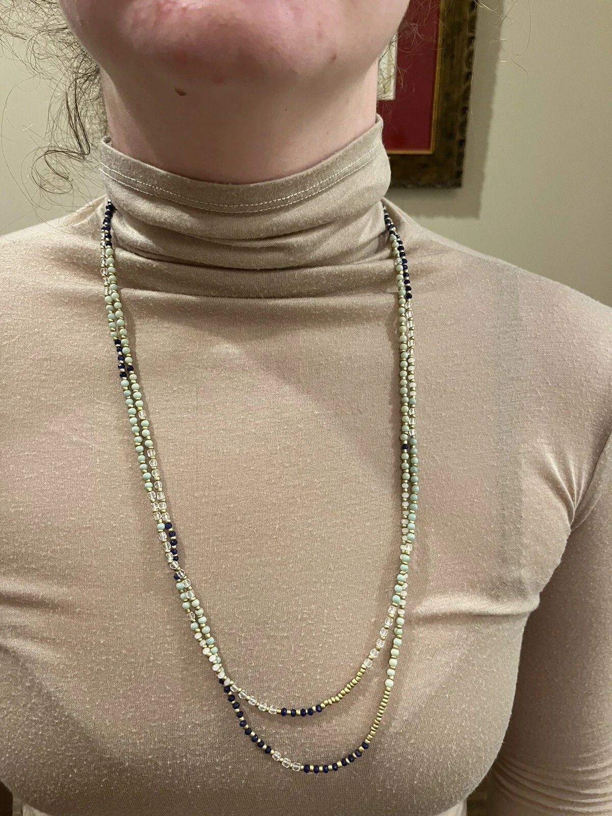 Loft beaded necklace in navy, green, gold, and clear with silver accents