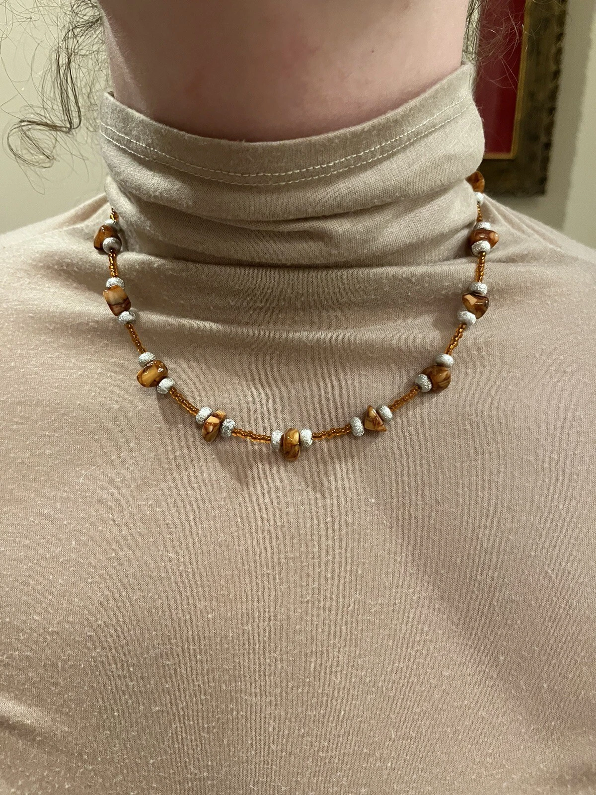 Vintage necklace with brown tiger's eye beads and white seed beads