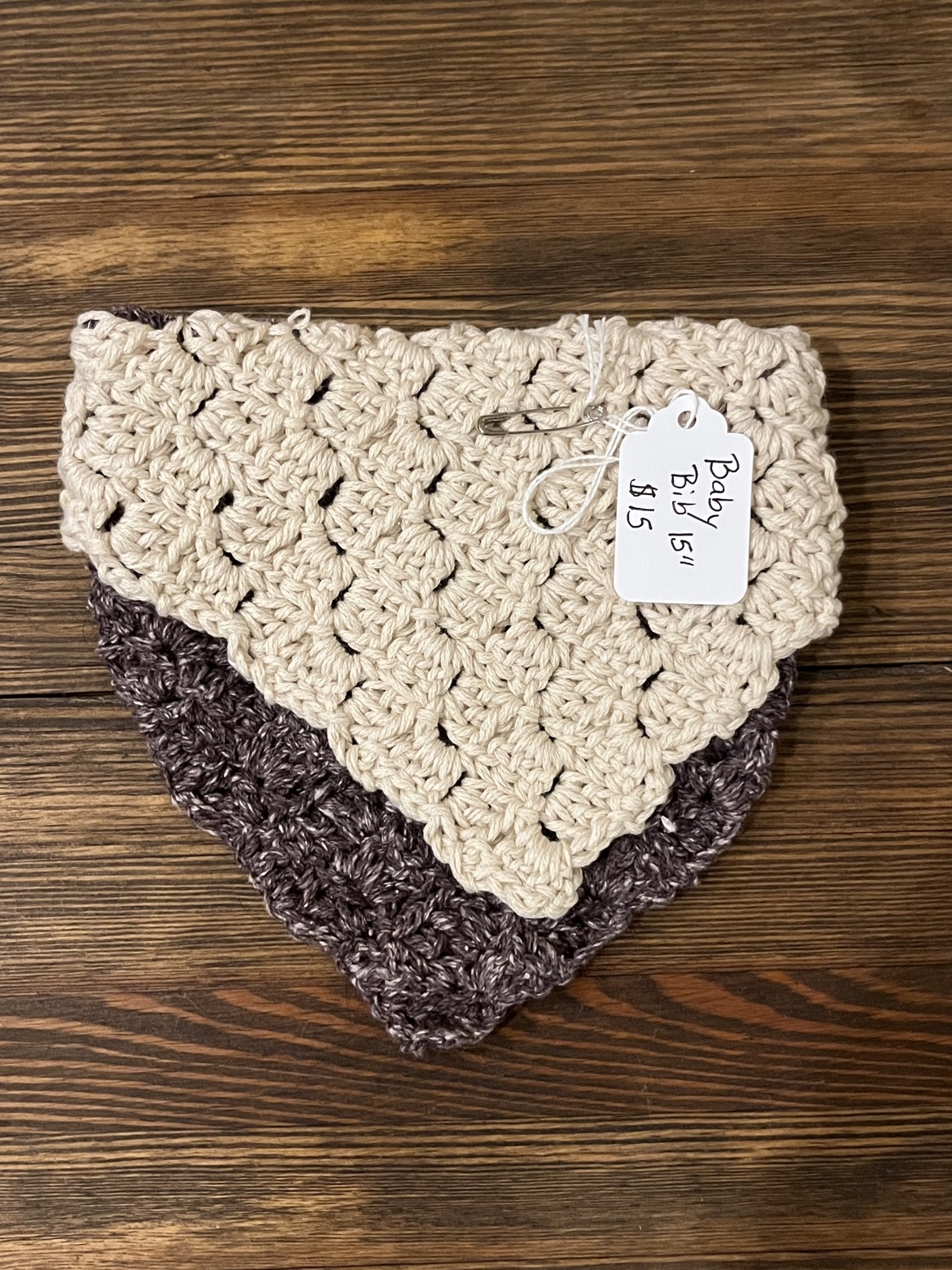 Purple and cream crochet baby bib scarf