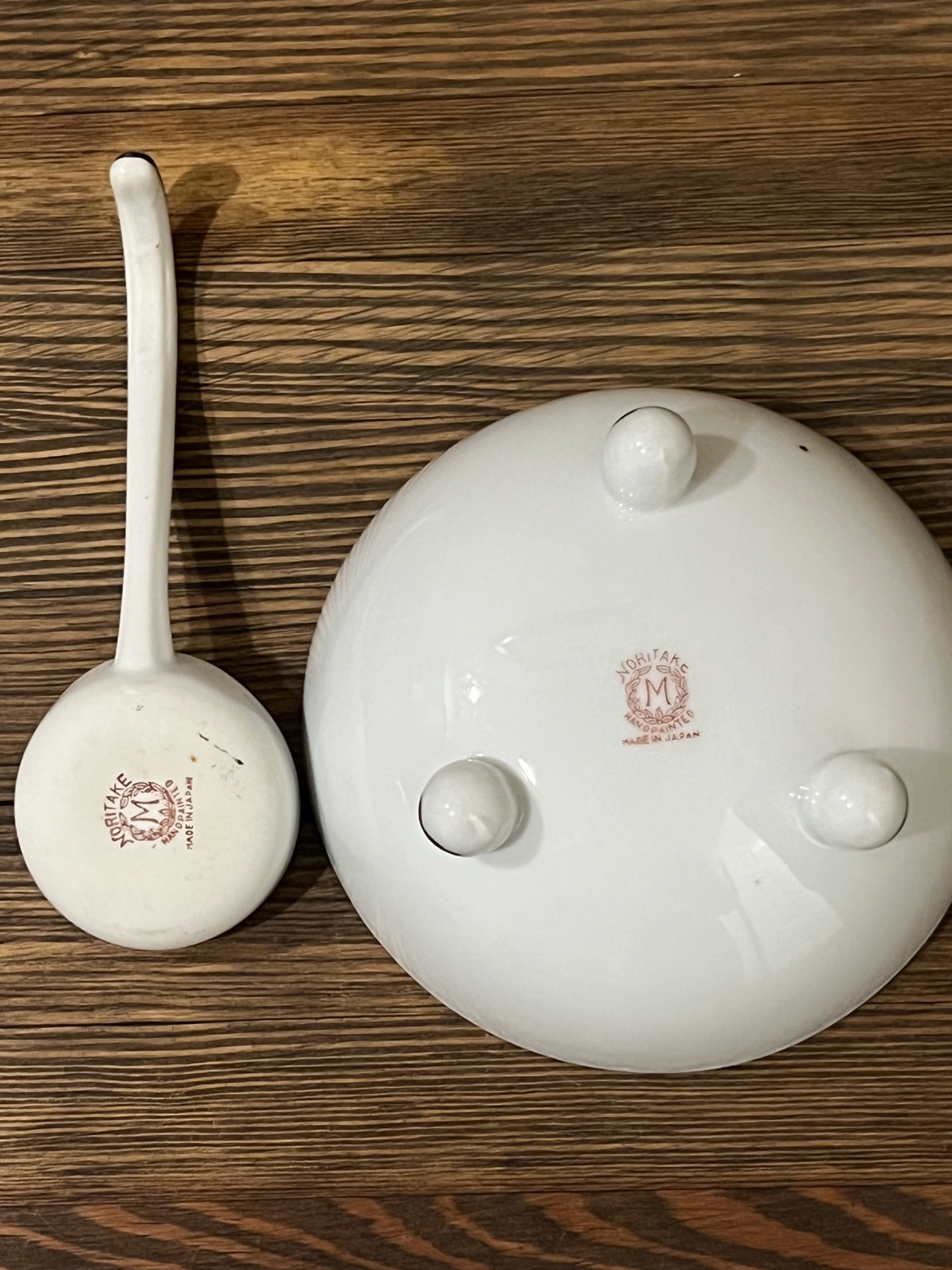 Underside of the Noritake lusterware mayonnaise bowl and ladle showing their maker’s marks