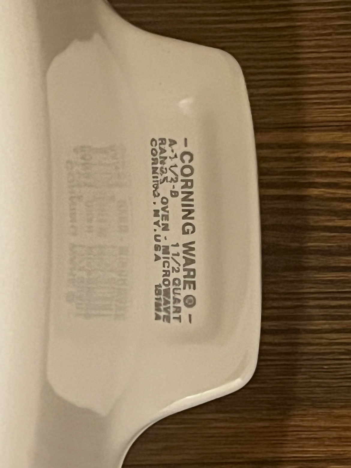 Close-up of the CorningWare mark on the handle