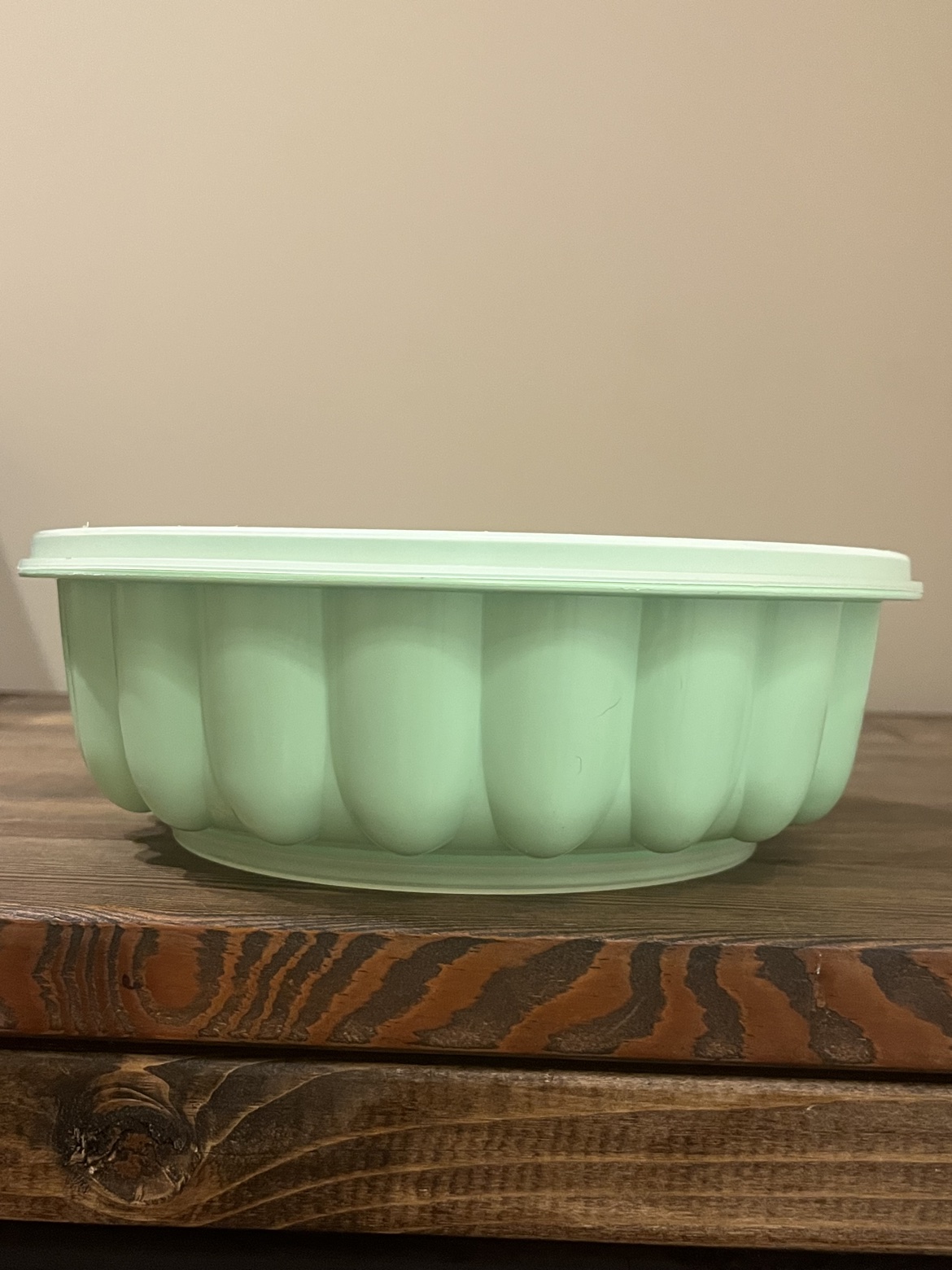 Side view of the jello mold with the lid on
